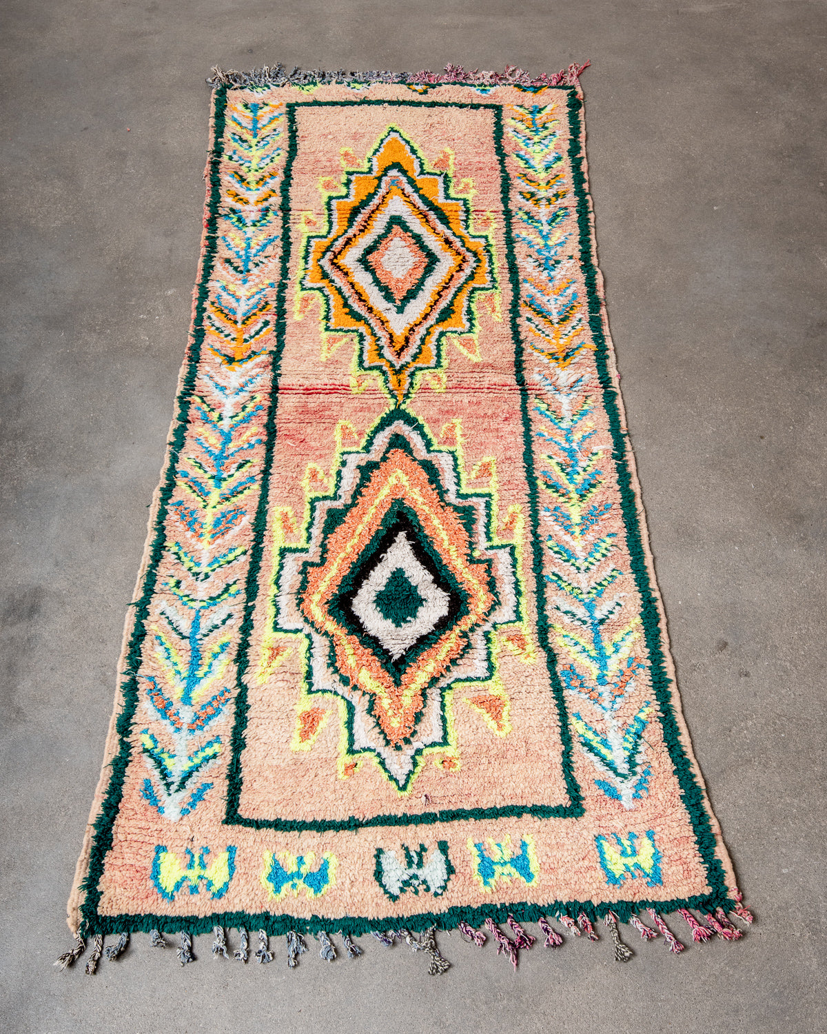 Modern, designer, handcrafted Berber runner rug from Morocco. Vintage carpet with beautiful colours and patterns and fluffy texture.